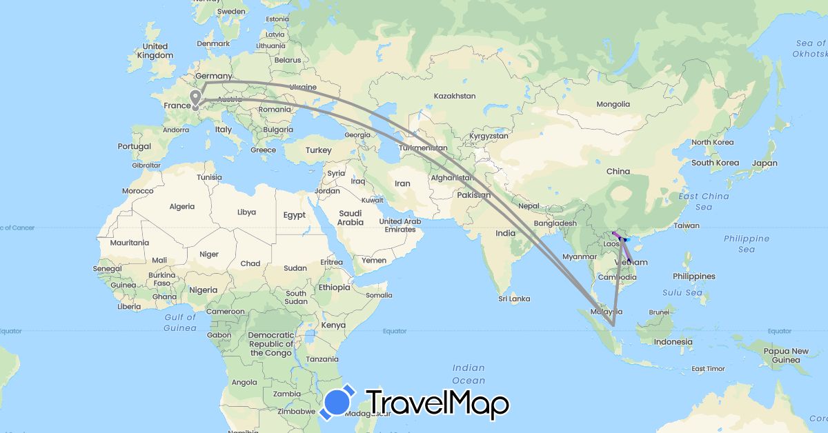 TravelMap itinerary: driving, plane, train, boat in Switzerland, Germany, Singapore, Vietnam (Asia, Europe)